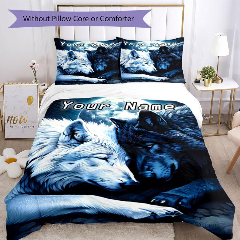 3PC Custom Name "Wolf Moon Night Dreamscape" Bedding Set Duvet Cover Closure Includes 1 Duvet Cover & 2 Pillowcases for Bedroom