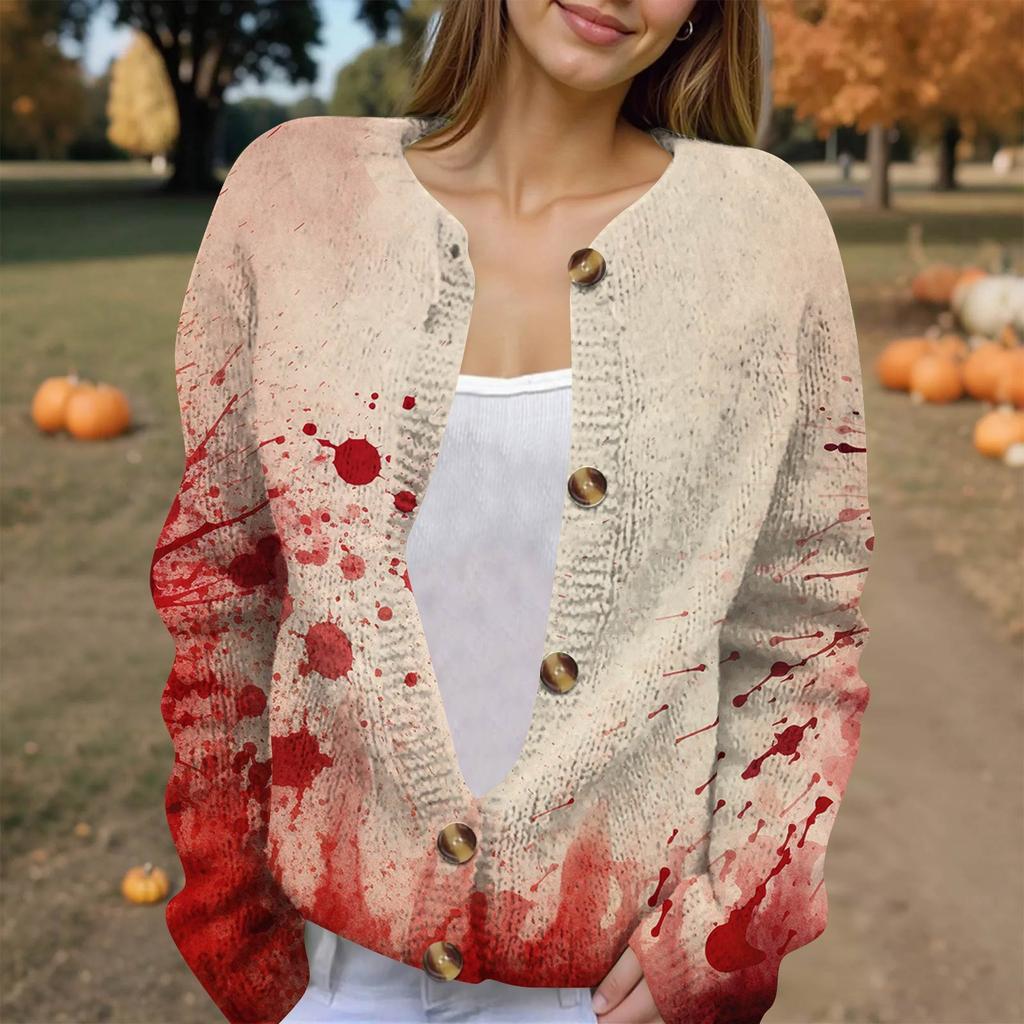 Women's Fashion Printed Long Sleeve Knitted Cardigan Button Down Jacket