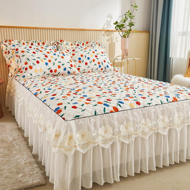 Korea Lace Bedspread King Size 200x220 Cotton Print Dust Ruffles Bed Cover Double Quilted Fitted Sheet with 2 Pillow Shams