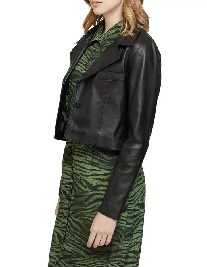 Black Leather Blazer Women Pure Lambskin Cropped Jacket Handmade New Fashionable