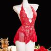Summer Adult Hot Selling Women's Lace Sexy Uniform Erotic Red Backless Fashionable And Beautiful Semi Transparent Jumpsuit