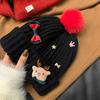Bow Christmas Plush Cap Warm Big Pullover Hat Versatile Thickened Brimless Cap  Women