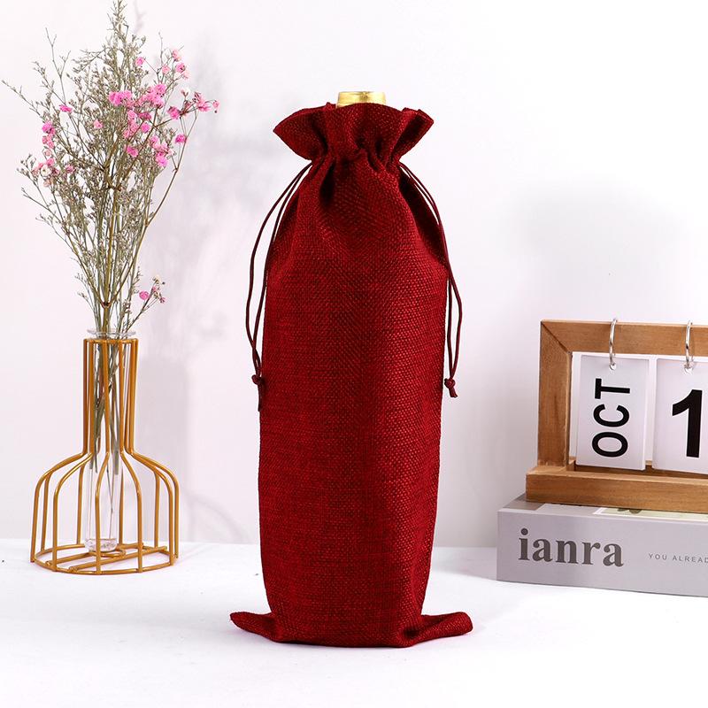 10pcs Christmas New Year Party Champagne Red Wine Drawstring Linen Wine Bottle Packaging Bags Decor Gift Supplies
