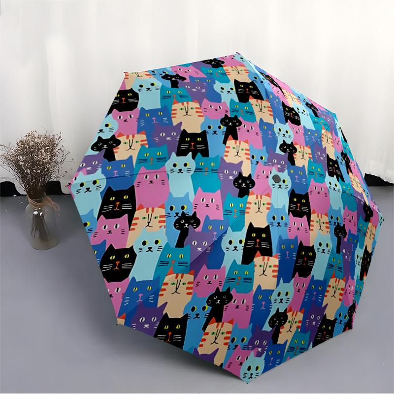 1pc Colorful Cats Pattern Automatic Open/Close Umbrella, Umbrella with cartoon Design, Portable Compact Umbrella for Men & Women, Good Holid