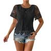 Camiseta Casual de Moda para Mujer con Cuello Redondo, Encaje Calado y Mangas Cortas