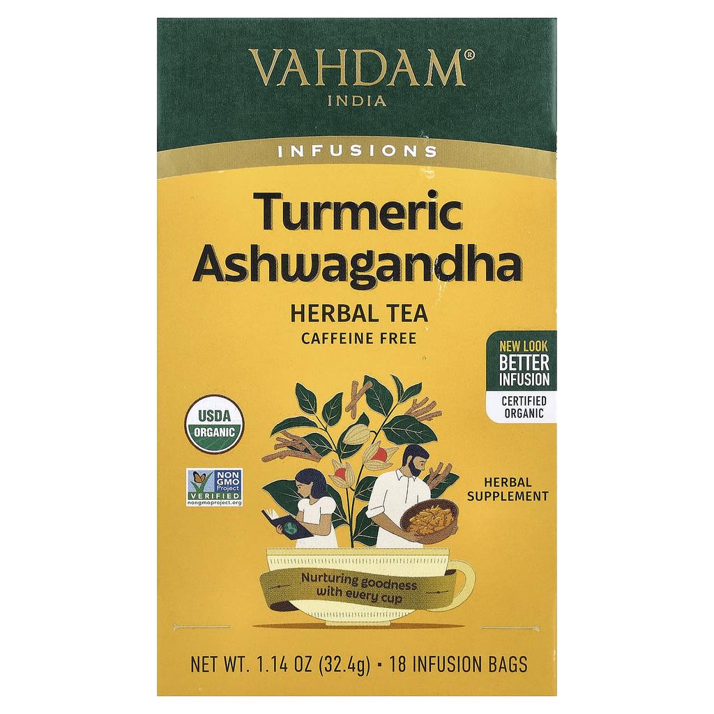 VAHDAM India, Infusions, Turmeric Ashwagandha, Caffeine Free, 18 Infusion Bags, 32.4g (1.14oz)