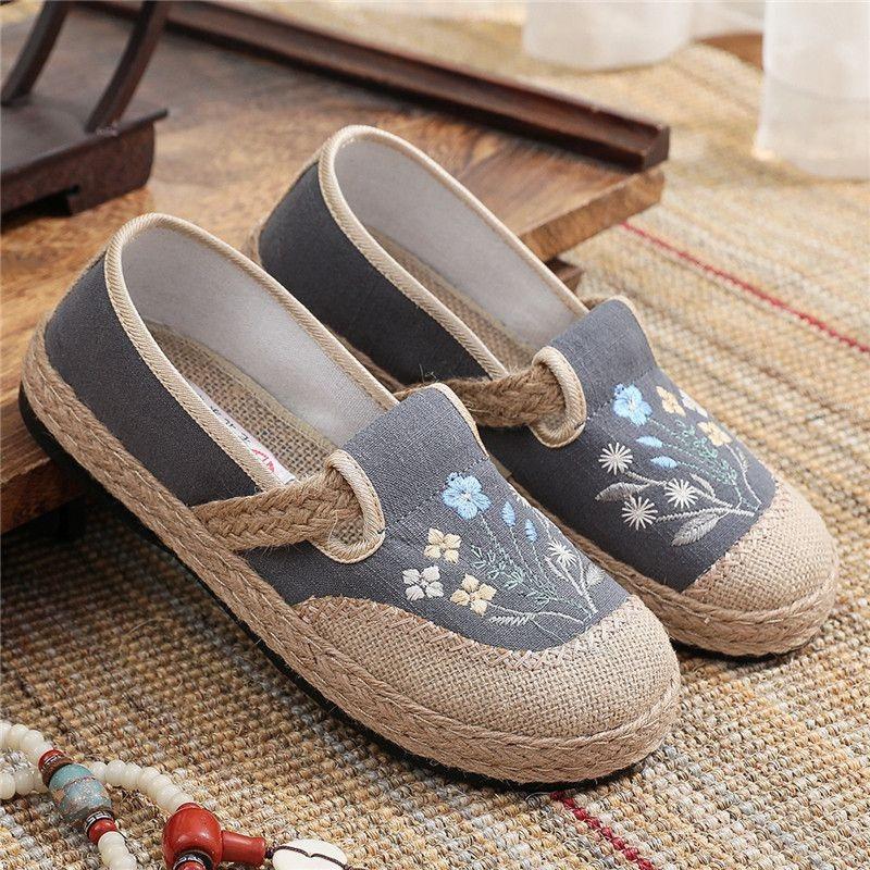 Chaussures d'été à enfiler pour femme, Espadrilles décontractées à bout rond style bohème en lin