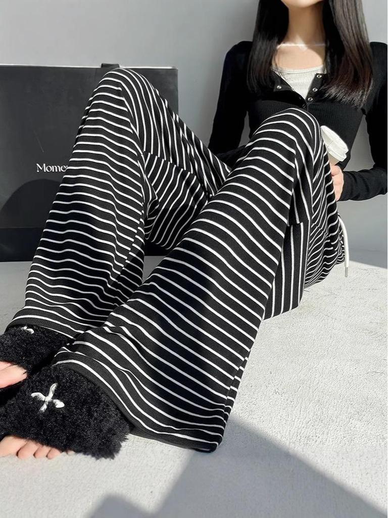 Autumn 2024 Women's Striped Wide-Leg Tie-Waist Pants - Casual, Floor-Length Trousers