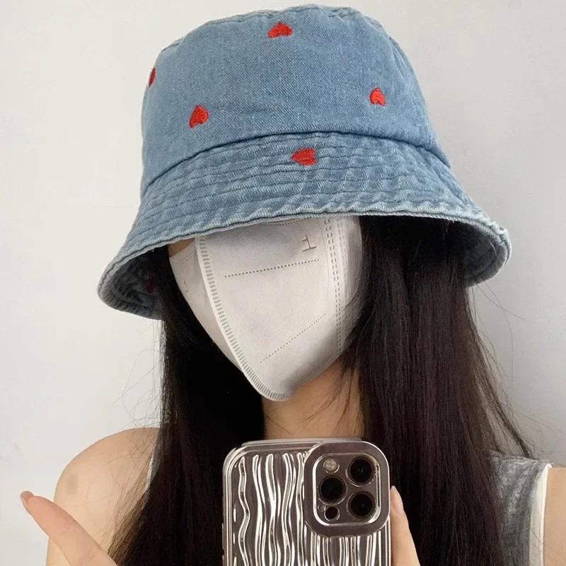 Embroidered Heart Women Bucket Hat Summer Jeans Fisherman Hats Denim Ladies Girl Outdoor Travel Sunshade Basin Cap