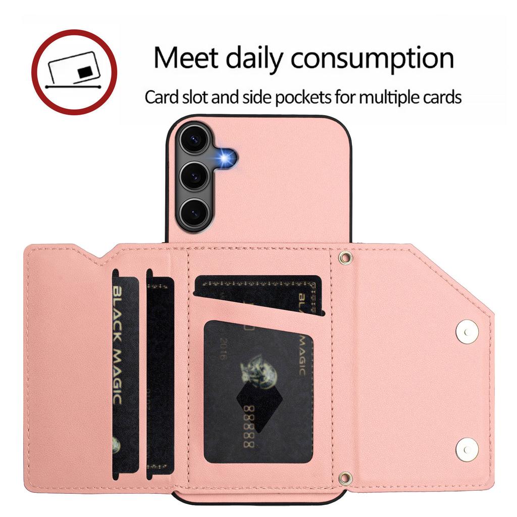 For Samsung Galaxy S25+ Case Card Holder Kickstand Skin-Touch Phone Cover with Wrist Strap