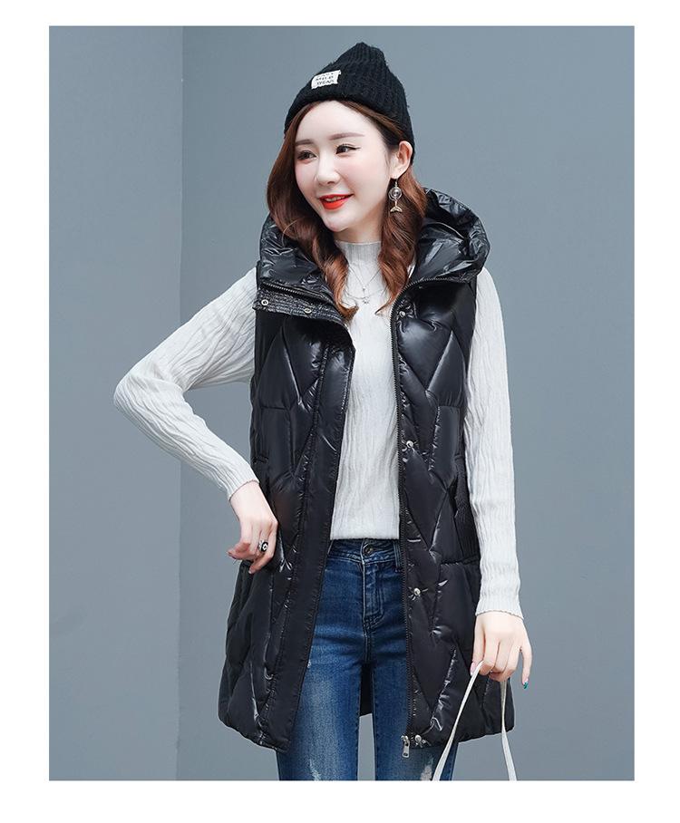 Outono e inverno feminino cor sólida com capuz solto espessamento quente meados de comprimento sem mangas colete jaqueta feminina