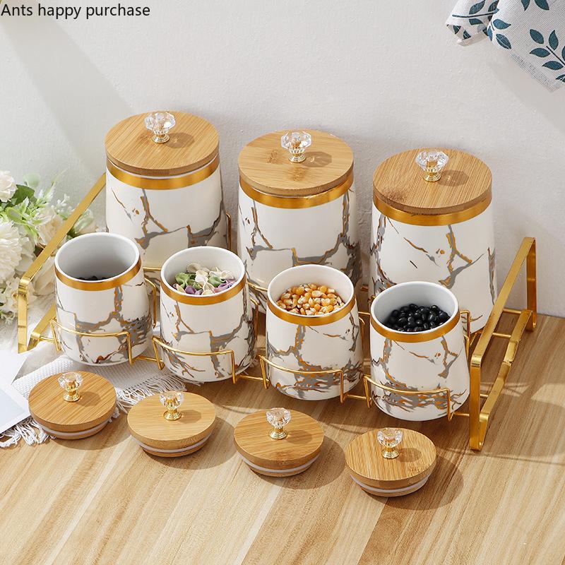 Ceramic Storage Jar 7 Piece Set Airtight Jar with Wooden Lid Storage Tank Food Storage Box Tea Caddy Spice Jars Kitchen Storage