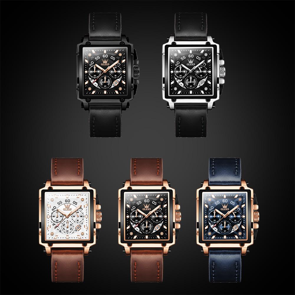 OLEVS 9919 OEM-Logo Armband Klassische Uhr Echtes Leder Kalender Multifunktionaler Chronograph Quadratische Quarzuhr für Mann