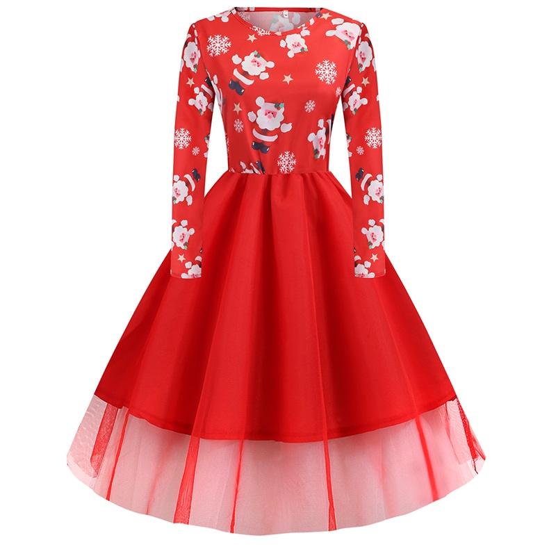 

Festive Women s Christmas Costume Swing Dress Featuring Vintage Santa Print And Long Sleeves Red,2XL