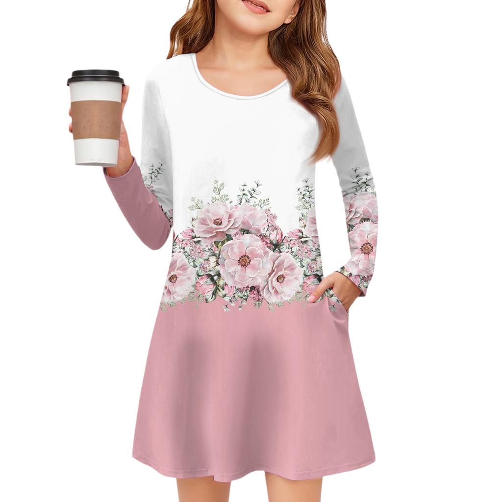 Girls' Long Sleeve Dress - Color Pocket Dress