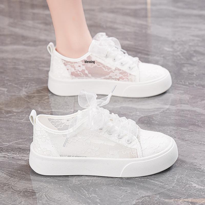 2026 Summer Women's Lace Mesh Canvas Shoes: Breathable, Versatile Style with Thick Sole
