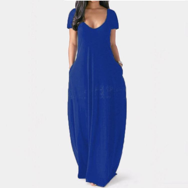 2021 Summer Women Plus Size Solid Color Maxi Dress Sexy Deep V Neck Short Sleeve Style
