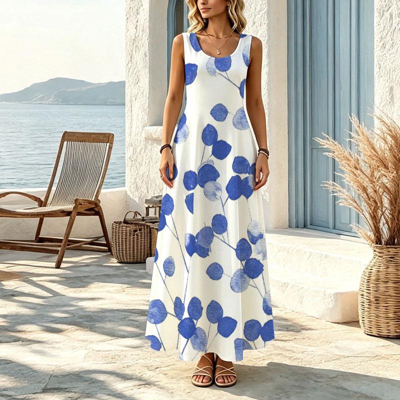 Blue Leaf Collection Minimalist Sleeveless Floor Length Maxi Dress,Lightweight Fabric,Loose Fit,Flattering,Versatile for Vacation & Daily Wear