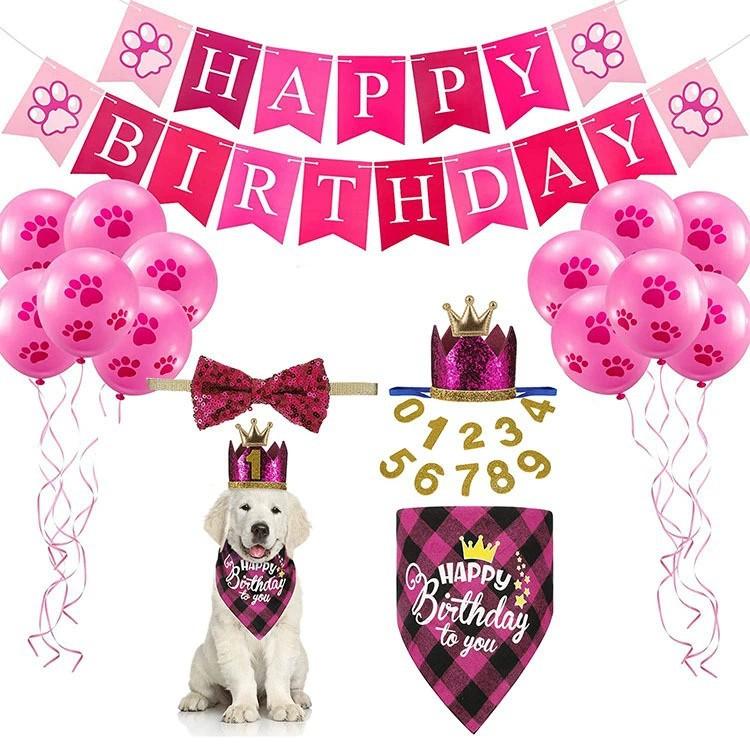 Pet Birthday Banner Props Dog Scarf Crown Hat Tie Drool Towel Balloon Set Cute Pet Party Outfit