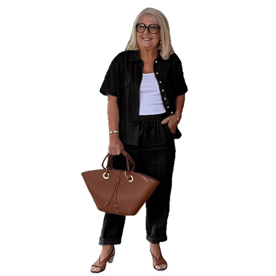 Summer Casual Set Cotton Linen - Stand Collar Blazer Loose Trousers Suit