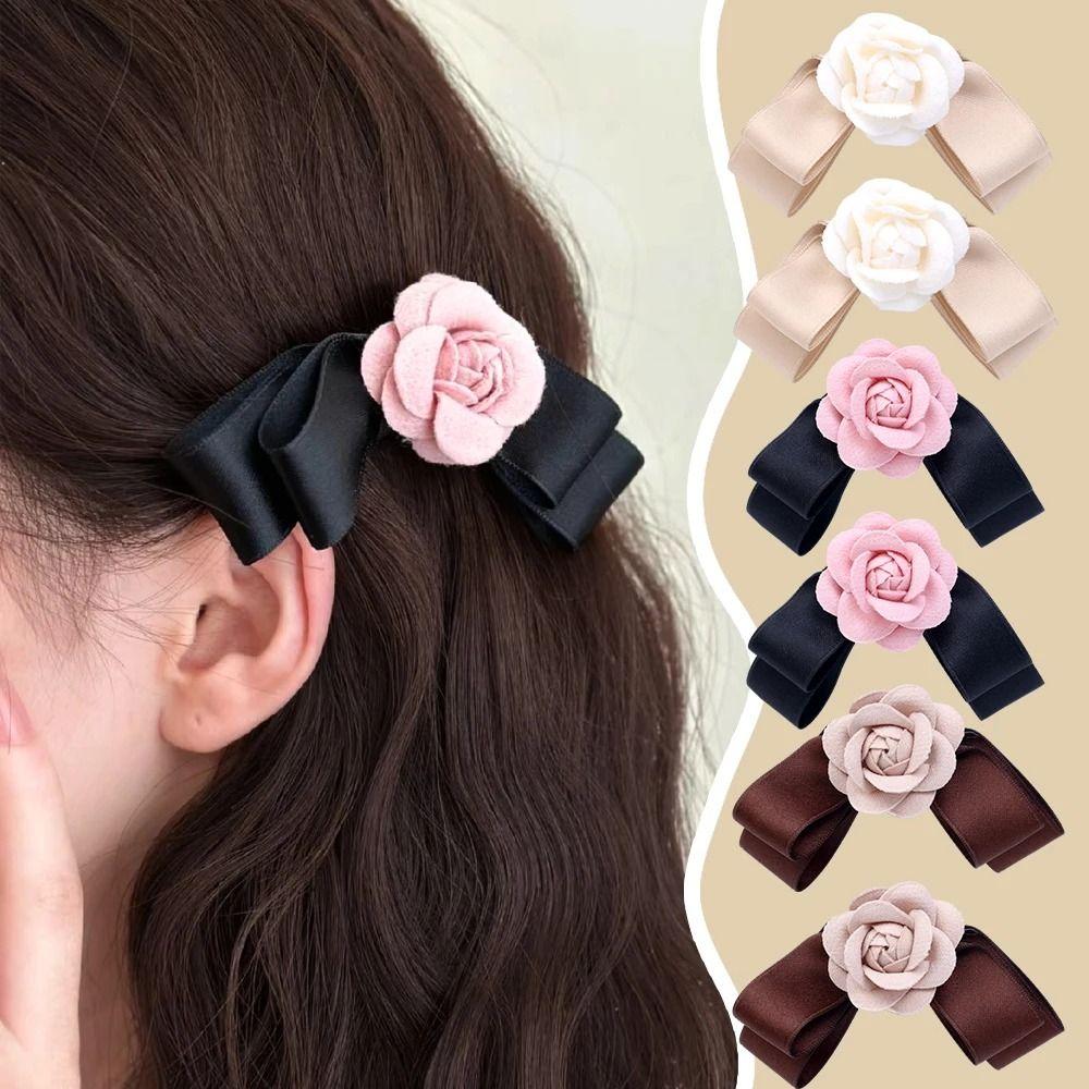 

Атласный цветок с бантом, весенняя заколка, модные заколки для укладки волос, 2024, заколка для волос с цветком камелии