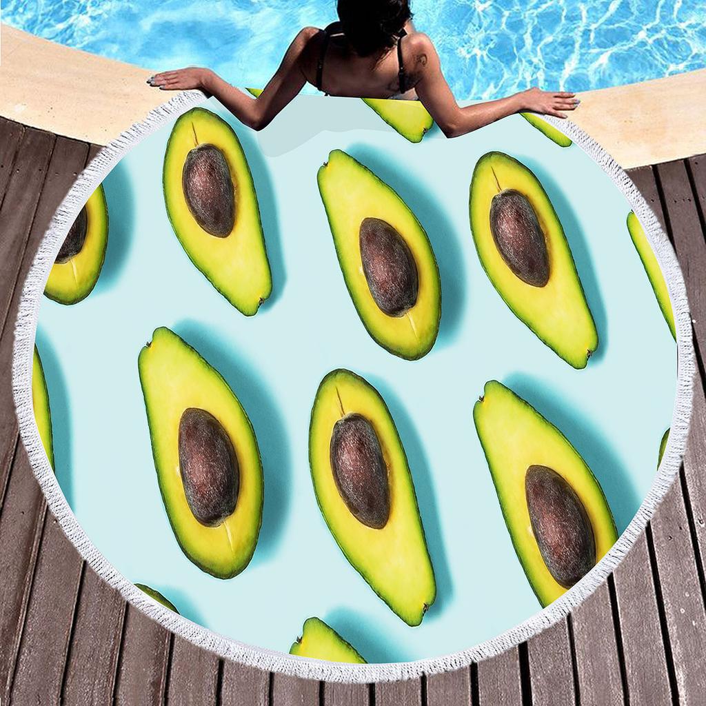 Tropical Fruit Avocado Round Beach Towel Microfiber Boho Round Hawaiian Beach Blanket Sand Proof Circle Swim Towel with Tassels