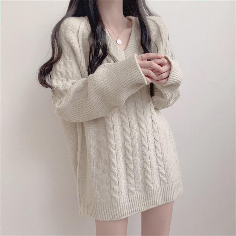 Herbst/Winter V-Ausschnitt Pullover Damen Mittellang Einfarbig Strickpullover