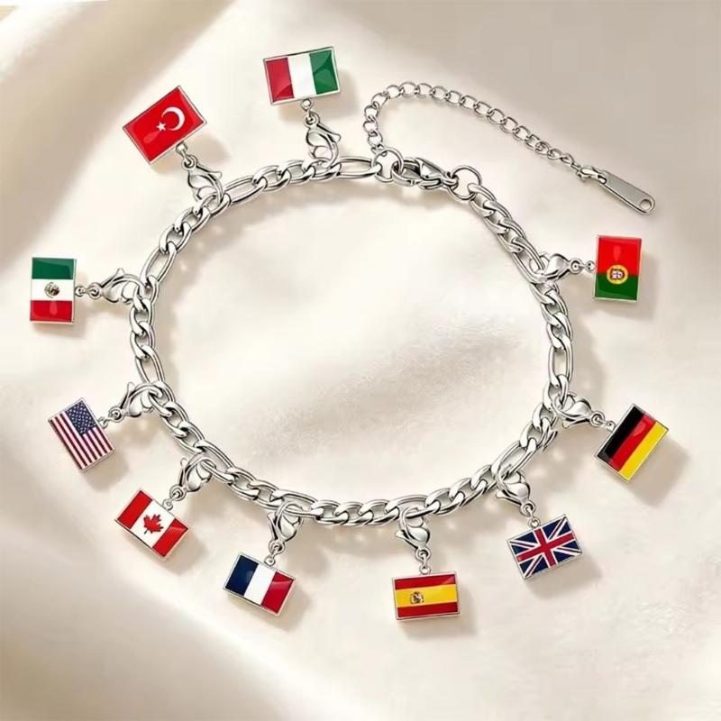 Braccialetto con Charm Bandiera in Acciaio Inossidabile con Moschettone, Gioiello Ciondolo Paese per Regalo di Viaggio Accessorio Stile