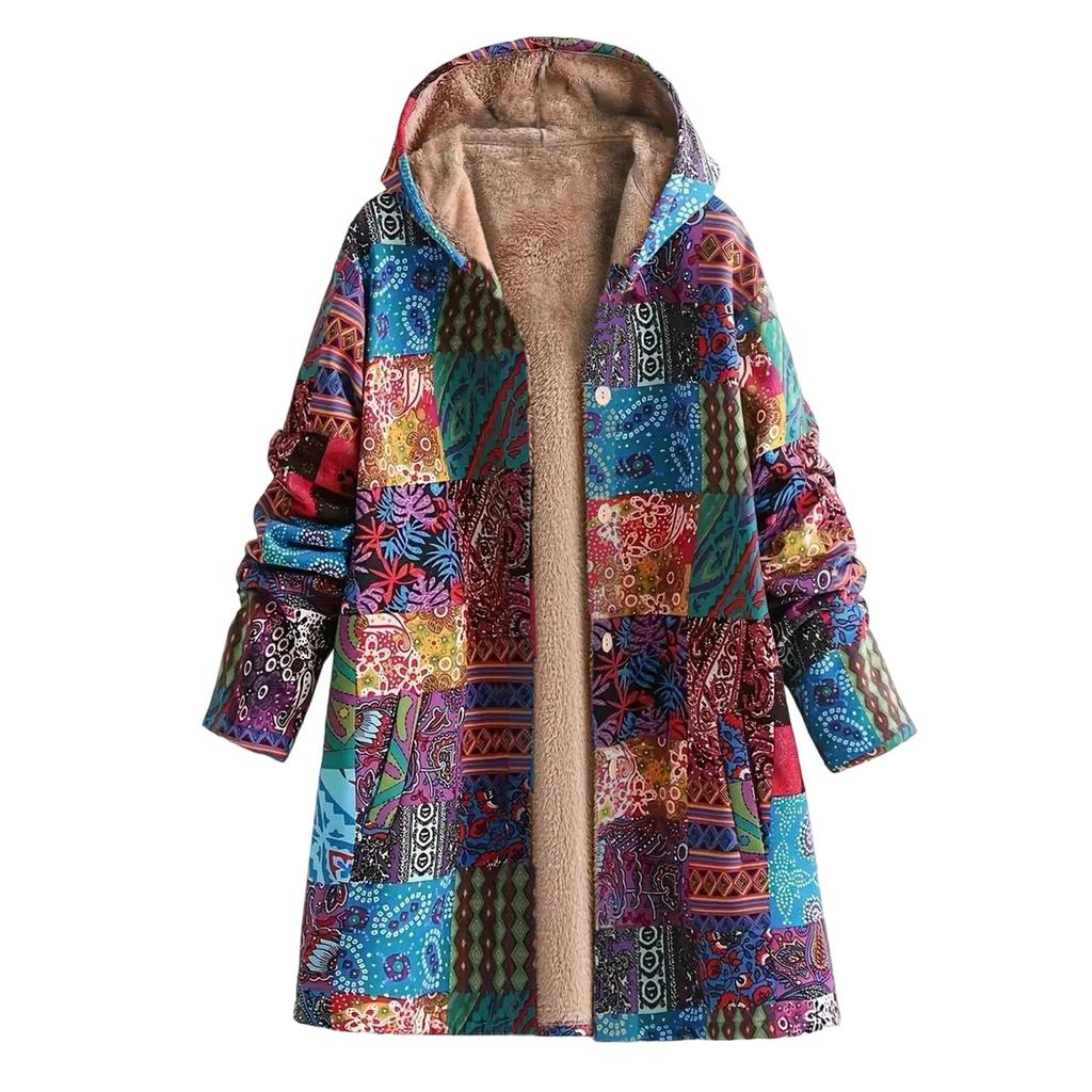 Womens Winter Button Patchwork Fleece Hooded Jacket Coat Long Sleeve Warm Liner Pocket Coat