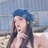 Kamélie Baskenmütze Kontrastfarben Denimfarbe Blume Baskenmütze Trendige Lässige Flauschige Baskenmütze