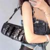 Vintage Black Women Cylinder Underarm Bags Double Pocket Design Ladies Shoulder Bag Fashi Female PU Leather Purse Handbags