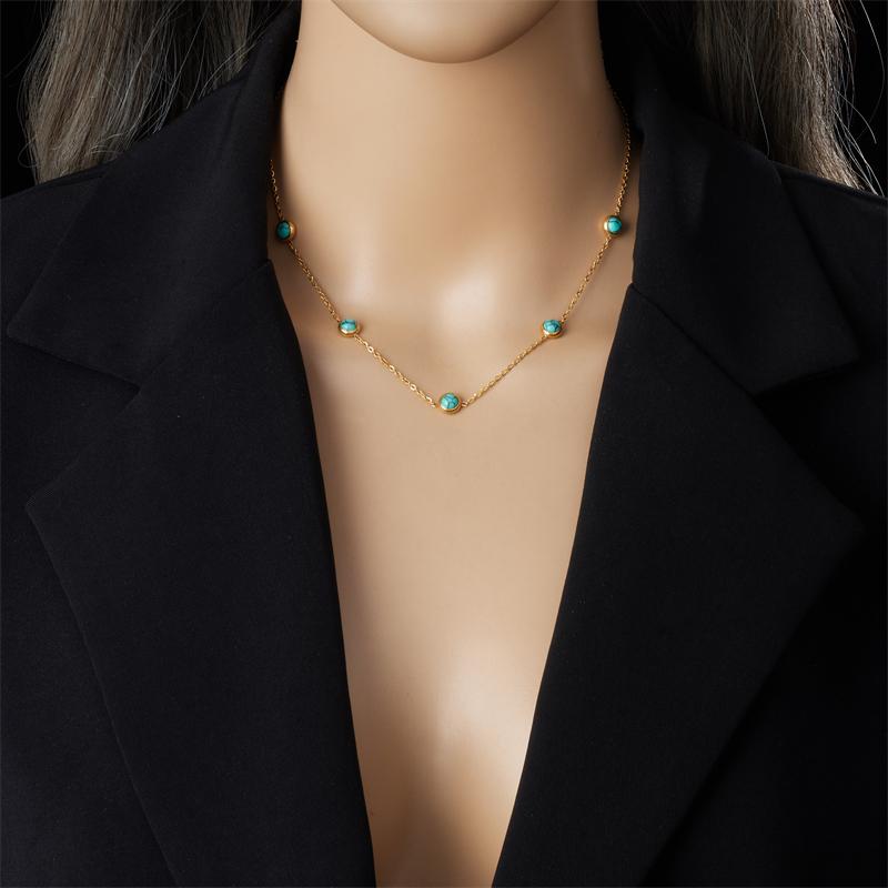 Stainless Steel Round Turquoise Necklace Bracelet Earrings Suit for Womens Jewelry Set