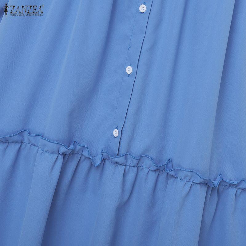 ZANZEA Women Casual Turn Down Collar Loose Long Sleeve Muslim Dress