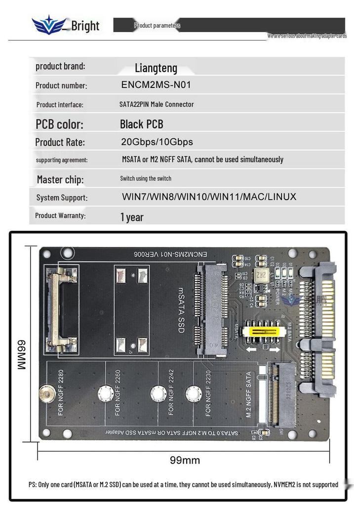 Tarjeta Adaptadora NGFF/MSATA a SATA3 para SSD M.2 KEY B-M a Interfaz 6G