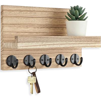 Key and Mail Holder Home Decor Wood Wall Organizer with 5 Hooks and Shelf for Bags Dog Leash Wall Decor for Living Room Entryway