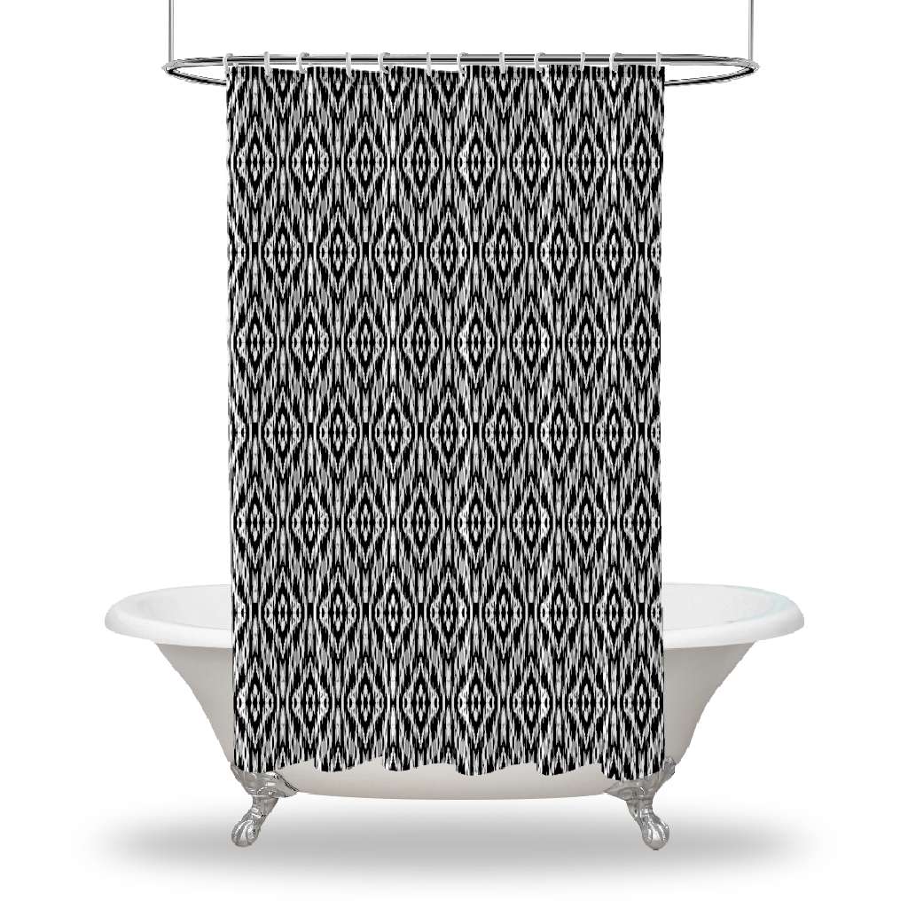 

Занавеска для душа с рисунком Ikat/водонепроницаемая занавеска для душа с отверстием для пуговиц для ванной Украшения для ванной комнаты - классический дизайн Ikat Black Decor