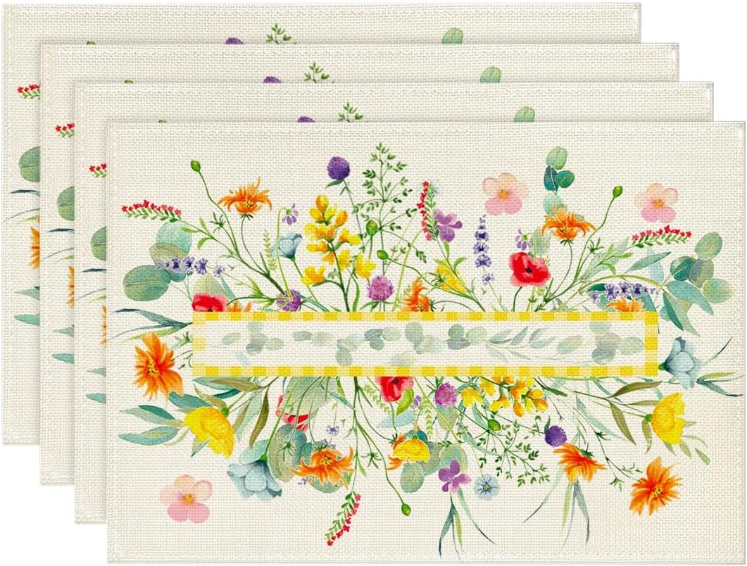 

4/6/8Pcs Wildflower Floral Eucalyptus Leaves Placemats Dining Table Spring Summer Seasonal Decoration Rustic Washable Table Mats 4Pcs-30X45cm(12X18in