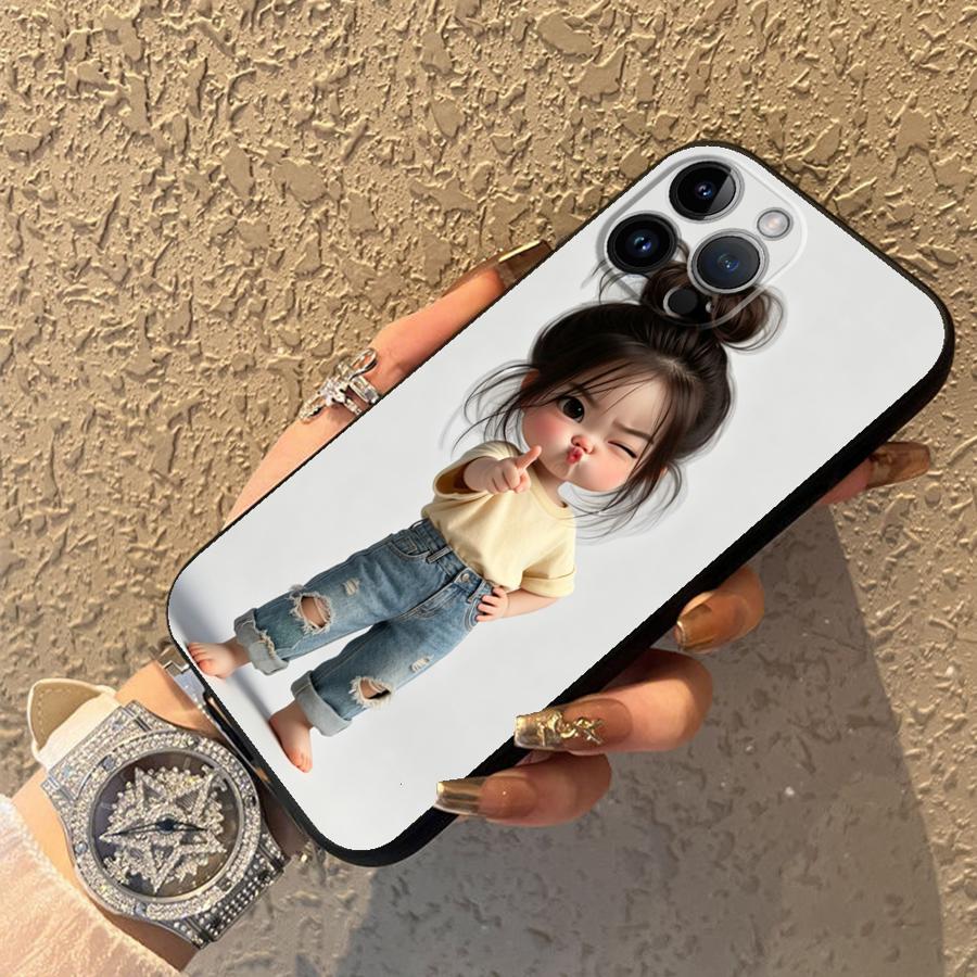 Svart mjukt phone case för iPhone 15 16 14 Plus XR Air 13 12 11 17 Pro Max XS Max 7 8 Tecknad flicka