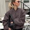 Grey Coat Women's Maillard Autumn and Winter Retro Suede American High Street Stand-up Collar Long-sleeved Pilot Zipper Jacket
