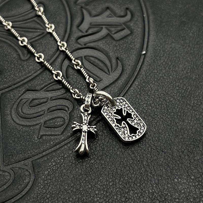 Crowe Necklace Sterling Silver Old Vintage Full Diamond Cross Double Pendant Hip Hop Niche Sweater Chain