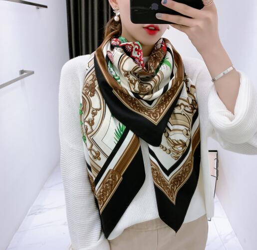 130CM Silk Scarf Women Large Shawls Palace Floral Print Square Bandana Luxury Kerchief Hijab Scarf Female Foulards