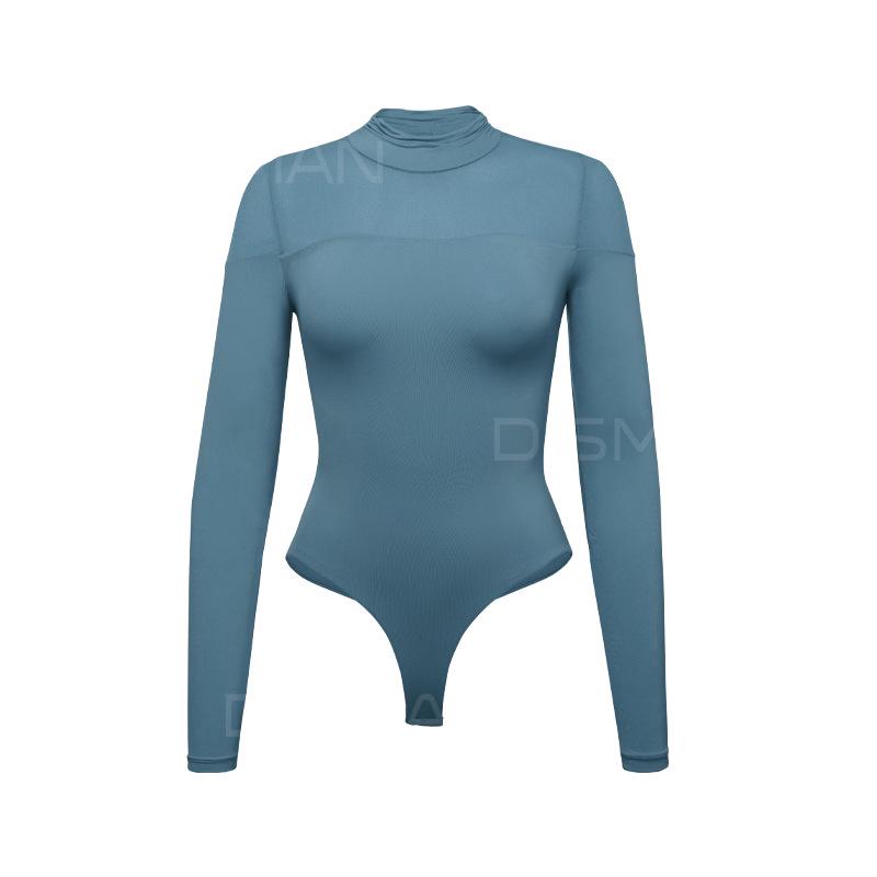 Sexy Mesh Patchwork Slim-Fit Bodysuit with High Neck and Long Sleeves
