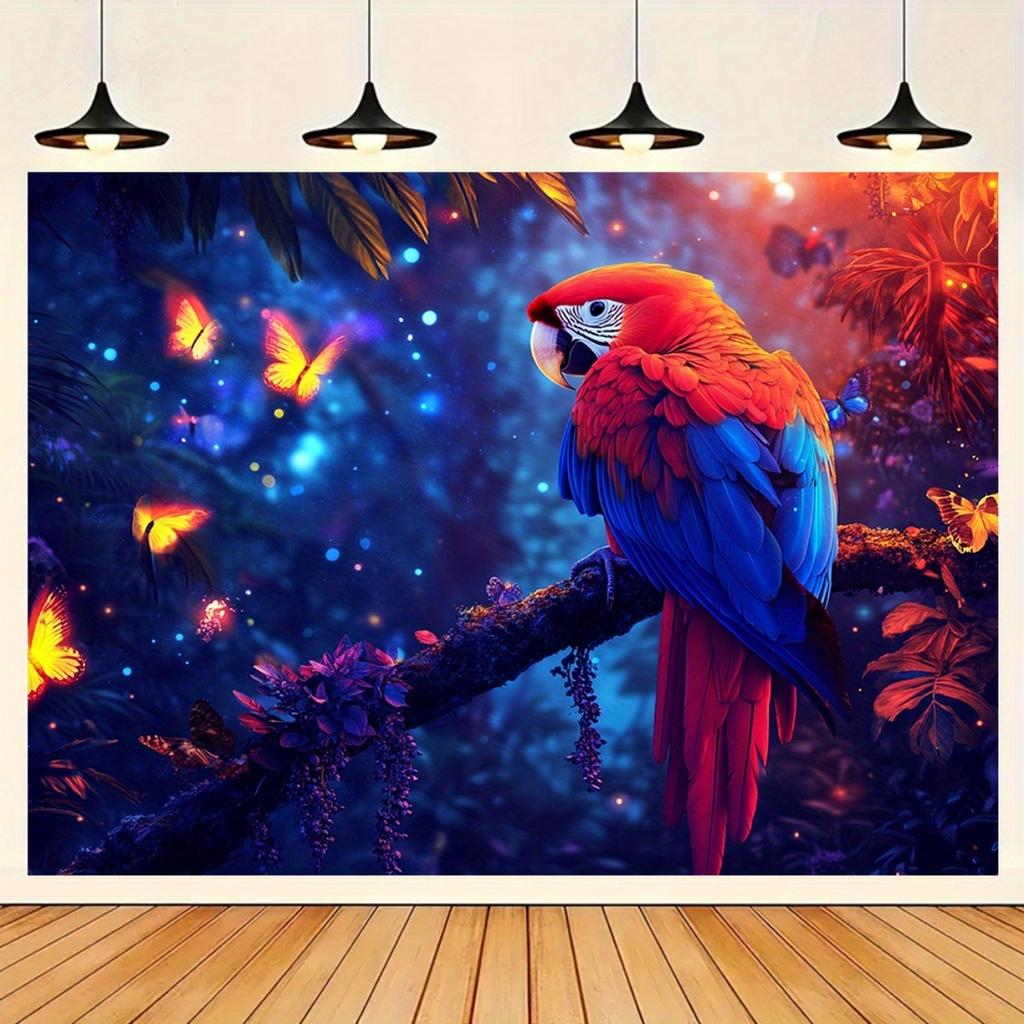Vibrant Parrot Butterfly Jungle Night Tapestry Fantasy Wildlife Art Exotic Bird Lovers Home Decor Magical Forest Theme