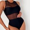 Sexy See Through One Piece Swimsuit Women Solid Mesh Transparent Hollow Out Backless Bathing Suit Swimwear Beachwear