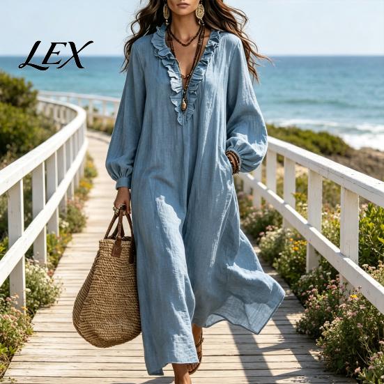 Loose Fit Midi Dresses Women Ruffle V Neck Long Dress, Casual Dress Solid Color Sleeves for Spring Autumn Soft Fabric