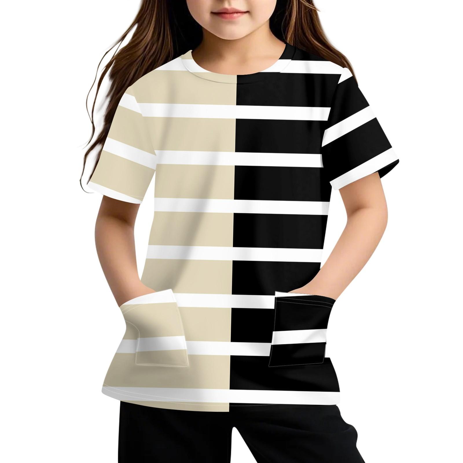 

Детская футболка с короткими рукавами и карманами, повседневная футболка с принтом, круглый вырез, блузка-пуловер 140 бежевый