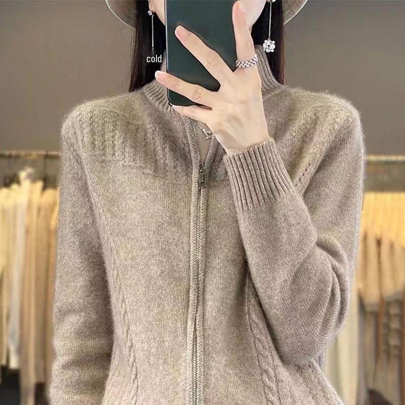 2024 Women's Retro Zipper Cardigan: Autumn Winter Loose Knit Semi-High Neck Sweater