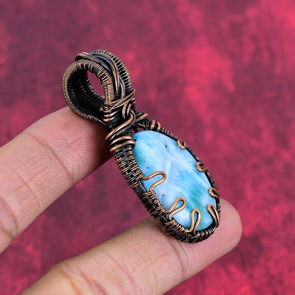 Larimar Pendant Copper Wire Wrapped Pendant Elegant Jewelry Handmade Pendant Copper Wire Wrap Jewelry Gifts for Her Genuine Gemstone Pendant