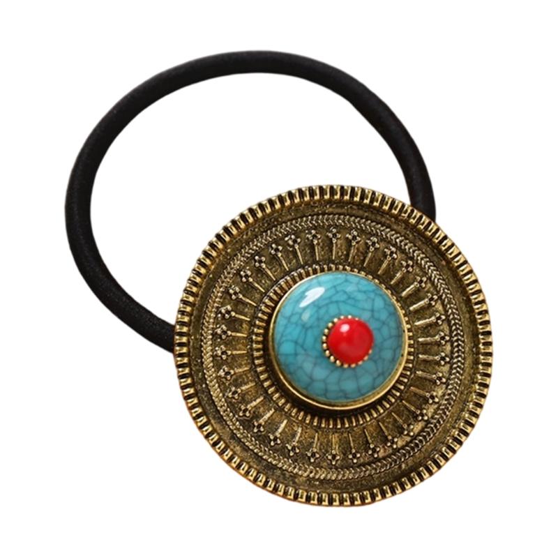 Ethnic Turquoise Hair Tie Soft Elastic Band Comfortable Scrunchy for Women Tribal Design Accessory