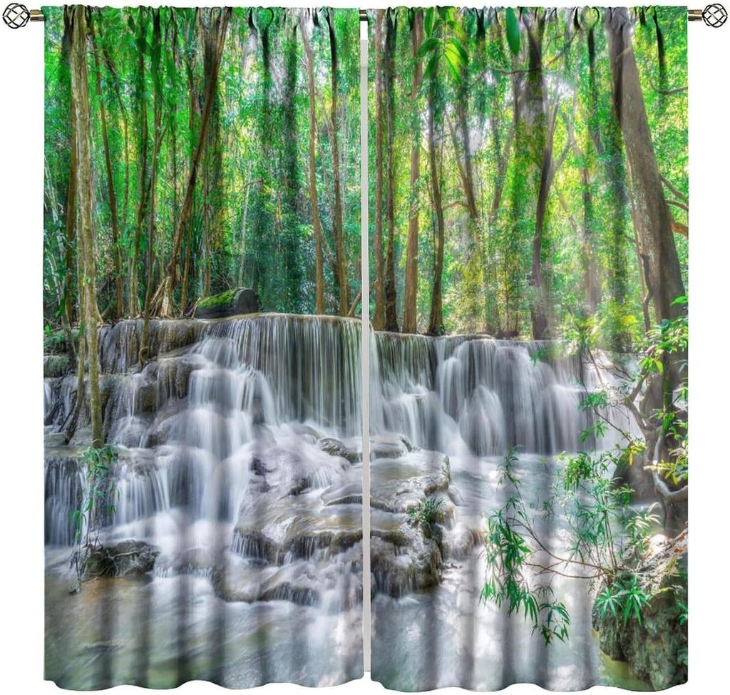 Blackout Red Forest Waterfall Windows Curtains Tree Landscape Woodland Scenic Nature Fall Scenery Art Printed Curtain Made Of Polyester Washable